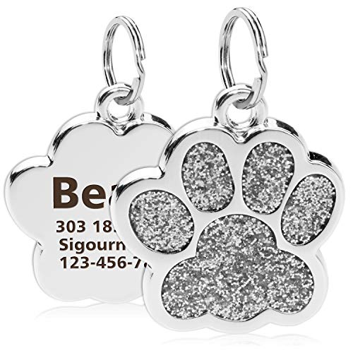 TagME Personalisierter Hund & Katze Marke/Hundemarke aus Edelstahl mit eingraviertem Namen und Telefonnummer/Prickelnde Katzenmarke in Pfotenform/Klein/Silber