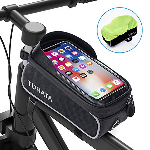 TURATA Fahrrad Rahmentasche Wasserdicht Fahrradtasche Lenkertasche Handyhalterung Handyhalter Handytasche Oberrohrtasche mit Kopfhörerloch Reflektierend für Smartphone unter 6,5 Zoll