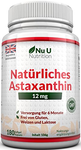 Astaxanthin 12 mg hochdosiert - 6-Monats-Versorgung - 180 Softgel-Kapseln - Nahrungsergänzungsmittel von Nu U Nutrition