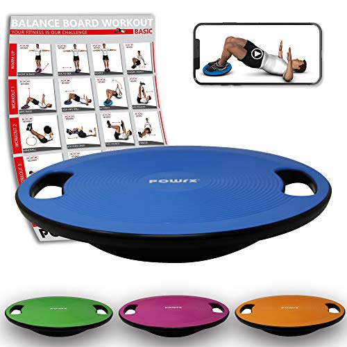 POWRX Balance Board inkl. Workout I Wackelbrett Ø 40cm mit Griffen I Therapiekreisel für propriozeptives Training und Physiotherapie Blau
