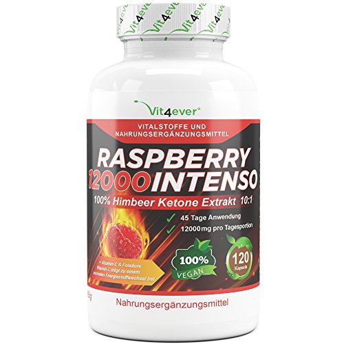 Raspberry 12000 Intenso - 12000 mg Tagesdosierung - Extra Stark - 120 Kapseln - 100% Himbeere Ketone Extrakt + Vitamin C & Folsäure- Himbeer Keton Fatburner + Diät Ergänzung + Stoffwechsel