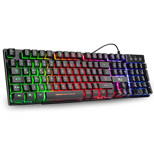 Rii RK100+ Gaming Tastatur USB, 105 Tasten, Regenbogen Beleuchtete Tastatur, 19 Tasten Anti-Ghosting, Wired Keyboard ideal für Gaming und Büro（DE Layout）