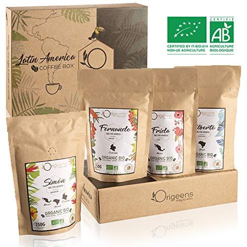 BIO Kaffeebohnen Premium Probierset  Arabica Kaffee Ganze Bohnen Set 4x250g  Traditionelle Röstung  Säurearm  Geschenk-Idee für Kaffeekenner
