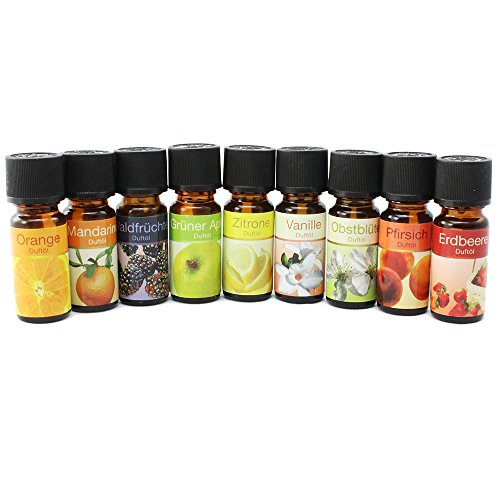 COM-FOUR 10x verschiedene duftende Öle, Raumduft 'Obst', Duftöl für Duftlampen und Duftstövchen (10 Stück - Obst)