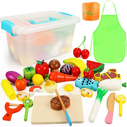 Lewo 33 Stück Spielen Sie Essen Spielzeug Obst schneiden Gemüse einstellen Magnetisch Hölzern Essen zubereiten Rollenspiel Küchen-Kits Frühe Lernspielzeug für Kleinkinder Jungen Mädchen Kinder