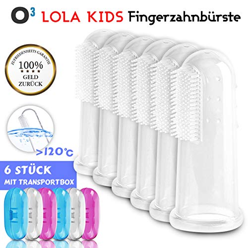 O³ Fingerzahnbürste Baby // 6 Stück mit Transportboxen // Aus BPA-freiem Silikon // Finger Toothbrush // Zahnpflege