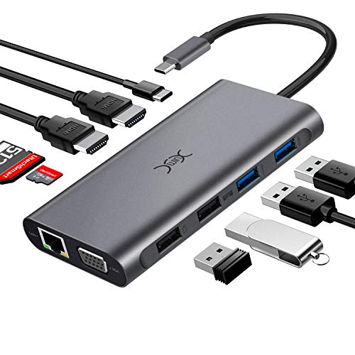 YXwin USB C Hub, Triple Display 12 Ports USB Type C Adapter Docking Station mit 2 HDMI, VGA, Type C PD, Gigabit Ethernet RJ45,SD/TF Kartenleser, 4 USB Ports für MacBook und andere USBC Geräte