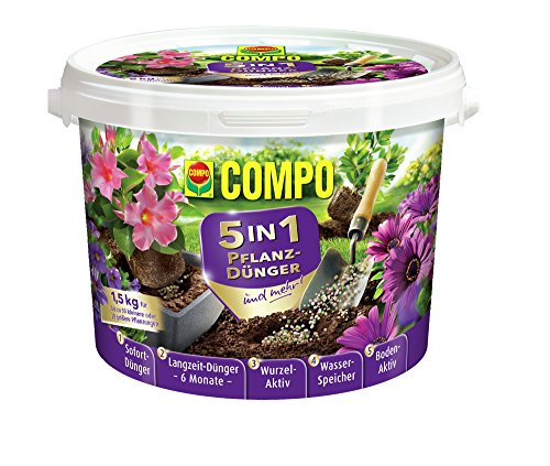 COMPO 5in1 Pflanz-Dünger und mehr für alle Zimmer-, Balkon- und Gartenpflanzen, 6 Monate Langzeitwirkung, 1,5 kg