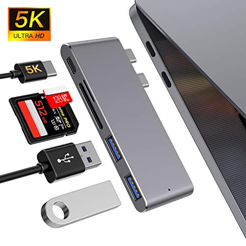 USB-C Hub, Type C Hub Adapter Slim Aluminium Thunderbolt 3 Hub Dongle für MacBook Pro 2019/2018/2017/2016 13'& 15', MacBook Air 2018/2019 13', 2 USB 3.0 Anschlüsse, 1 TF & 1 SD-Kartenleser