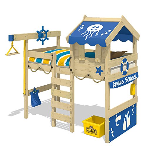 WICKEY Hochbett CrAzY Jelly Kinderbett mit Dach Spielbett 90x200 für Kinder mit Lattenboden und Hebezugsystem, blau