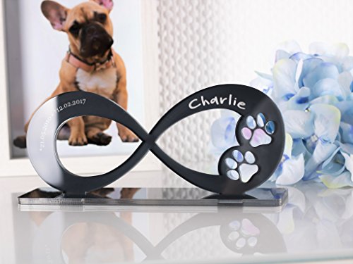 CHRISCK design Gedenkstandbild Gedenktafel mit Gravur Infinity-Form Grabstein Grabplatte Hundepfote für Hunde