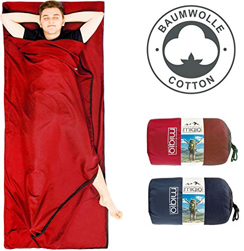 MIQIO 2in1 Baumwoll-Hüttenschlafsack mit durchgängigem Reißverschluss (Koppelbar): Leichter Komfort Reiseschlafsack und XL Reisedecke in Einem - Sommer Schlafsack Innenschlafsack (Rot, Links)