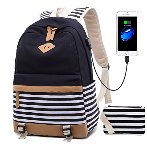 Netchain Schulrucksack Mädchen Schultasche Canvas Rucksack Schulranzen Backpack Streifen Rucksack mit 15.6 zoll, USB Charging Port(Schwarz)