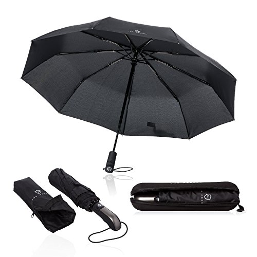 Regenschirm Taschenschirm - VON HEESEN - sturmfest bis 140 km/h - inkl. Schirm-Tasche & Reise-Etui - Auf-Zu-Automatik, klein, leicht & kompakt, Teflon-Beschichtung, windsicher, stabil (schwarz)