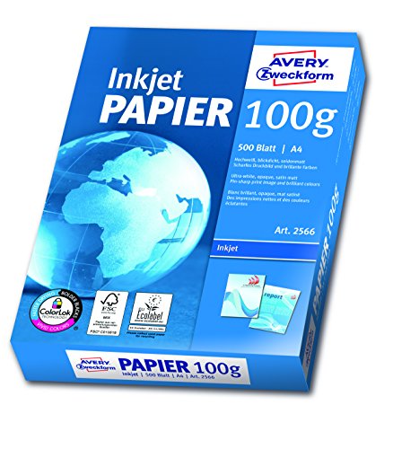 Avery Zweckform 2566 Inkjet Druckerpapier (A4, 100 g/m², blickdicht, seitenmatt) 500 Blatt hochweiß