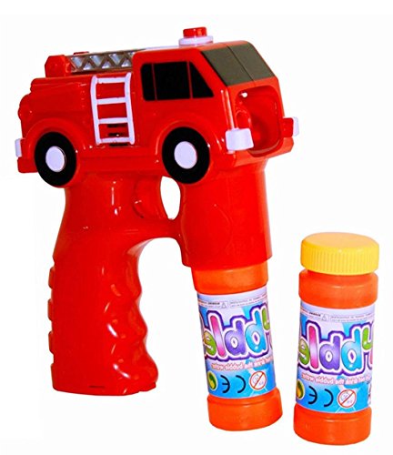 1 x Seifenblasenpistole in Form eines Feuerwehrautos mit LED-Licht und Sound, incl. 2 Behälter mit Seifenblasenflüssigkeit + Batterien