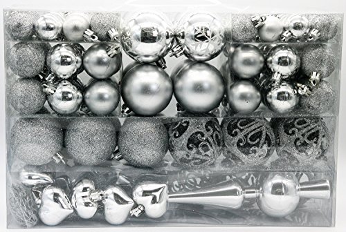Geschenkestadl 101 teilig Weihnachtskugel Herz Kugel mit Schneeflocke Christbaumspitze mit 100 Metallhaken Anhänger Baumschmuck Weihnachten (Silber)