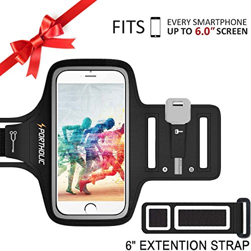 PORTHOLIC Schweißfest Sport Armband Fitness bis 6.0 zoll für iPhone X 8 Plus 7 Plus 6/6S Plus,Galaxy S9/S8/S7 Plus edge,Note 8/6 LG g6 Huawei P10 Mate Xiaomi Mit Schlüsselhalter/Kabelfach/Kartenhalter(Schwarz+)