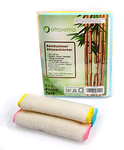 eltrovema Bambus Allzwecktücher 6er-Set, Putztücher, Reinigungstücher, Spültücher, antibakteriell, Hypoallergen, Waschbar 100% Viskose