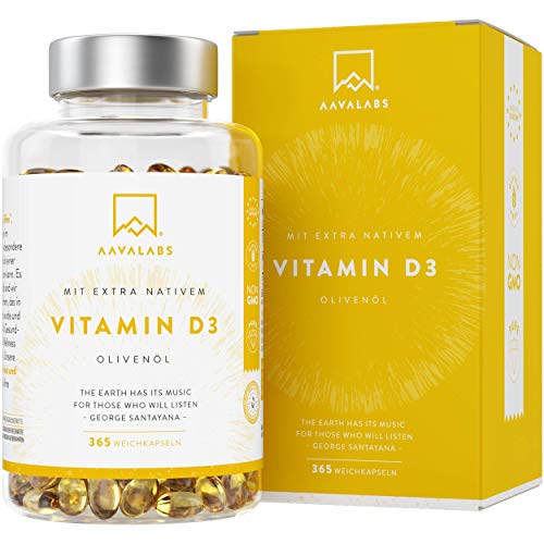 Hochdosiert Vitamin D3 [ 5000 IE ] Depot von Aava Labs - mit Extra Virgin Olivenöl für optimale Absorption – Frei von Gentechnik, Gluten und Laktose - Unterstützt Knochen-, Muskel- und Immunsystemfunktion - 365 Softgel-Kapseln.