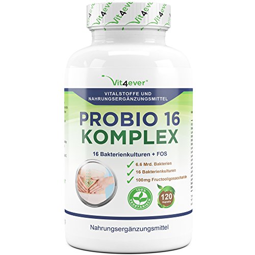 Probio 16 Komplex - 16 widerstandsfähige Bakterienkulturen + FOS - Hochdosiert mit 6.6 Milliarden Bakterien pro Tag - 120 Kapseln - Milchsäurebakterien - selektierte Bakterienstämme - Enthält Lactobacillus, Bifidobacterium und Acidophilus - vegetarisch - Vit4ever