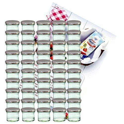 MamboCat 50er Set Sturzglas 125 ml Marmeladenglas Einmachglas Einweckglas to 66 Silberner Deckel Incl. Diamant-Zucker Gelierzauber Rezeptheft