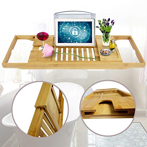 Aufun Badewannenablage aus Bambus längenverstellbare Badewannenbrett mit Weinglas-Halter, Klammertuch, Tablett für iPad Tablet iPhone Buch, Natur
