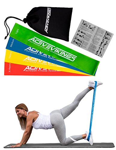 Fitnessbänder Set 4-Stärken by ActiveVikings - Ideal für Muskelaufbau Physiotherapie Pilates Yoga Gymnastik und Crossfit | Fitnessband Gymnastikband Widerstandsbänder