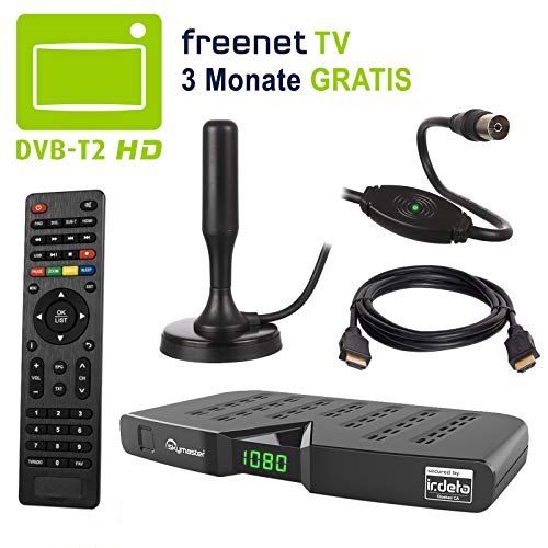 HB DIGITAL DVB-T/T2 Set: Skymaster DTR5000 DVB-T/T2 Receiver, kartenloses Irdeto-Zugangssystem für freenet TV + Xoro HAN 100 Aktive Antenne * Full HD, HEVC/H.265, HDMI, Ethernet, USB 2.0 DVBT2 DVB-T2