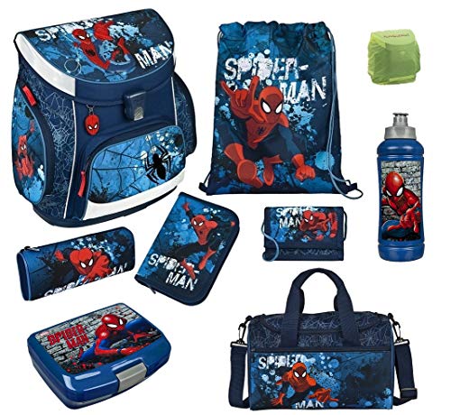 Familando Spiderman Schulranzen-Set 9-teilig mit Federmappe, Sporttasche und Regenschutz