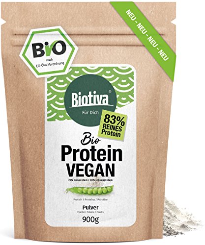 Vegan Protein Pulver (Bio), 900g - 83% Protein - Erbsenprotein und Reisprotein - 23g Eiweiß pro Dosis - Top Bioqualität - Ohne Soja - Vegan - Abgefüllt und kontrolliert in Deutschland (DE-ÖKO-005)