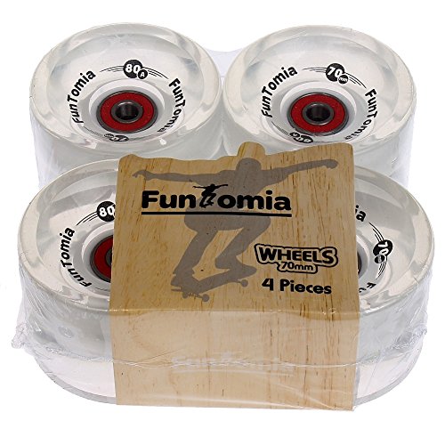 FunTomia 4 Stück (LED) Longboard/Skateboard Rollen (Big Wheels) in 70x51mm 80A inkl. Mach1 Kugellager und Metall Spacer 80A Rollenhärte