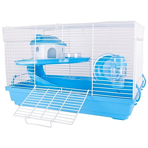 Hamsterkäfig Nagerkäfig Mäusekäfig mit Laufrad, Futterschüssel, Wasserflasche, Häuschen und Rutsche in (Blau)