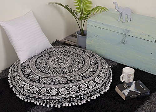 Aakriti Gallery, runder, dekorativer Kissenbezug für Meditationskissen, Bodenkissen mit Mandala-Design im Bohemian-Stil, 89 cm schwarz / weiß