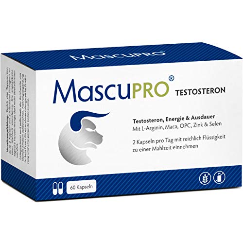 MascuPRO Testosteron Tabletten Mann - 60 Männerkapseln + L- Arginin Maca Mann & OPC Booster + Ausdauer, Energie + Spermienproduktion