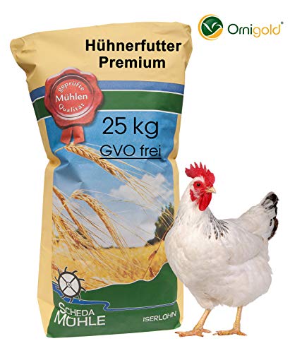 Ornigold Hühnerfutter 25 kg mit Weizen, Bruchmais, Gerste, Hafer und Muschelkalk - Premium Ergänzungsfutter - Körnermischfutter mit Legemehl kombinierbar für Alleinfutter