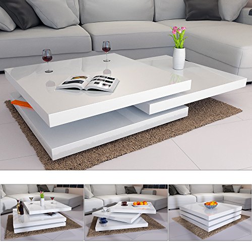 Deuba Couchtisch Hochglanz weiß | 360° drehbar | Cube Design | modern | 80 x 80 cm - Wohnzimmertisch Beistelltisch Design Lounge Tisch Sofatisch