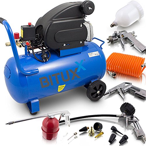 BITUXX 50 Liter Druckluftkompressor Luftdruck Kompressor + 13 teiliges Druckluft Zubehör-Set inkl. Ausblas- Reifendruck- & Lackierpistole + Schlauch