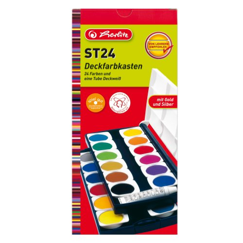 Herlitz 10199933 Schulmalfarben bzw. Deckfarbkasten, 24 Farben inklusive Deckweiß