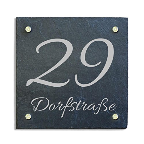 Haustürschild Hausnummer Hausschild aus Schiefer incl. individuellem wetterfestem Druck und Abstandshalter aus Edelstahl 20 x 20 cm