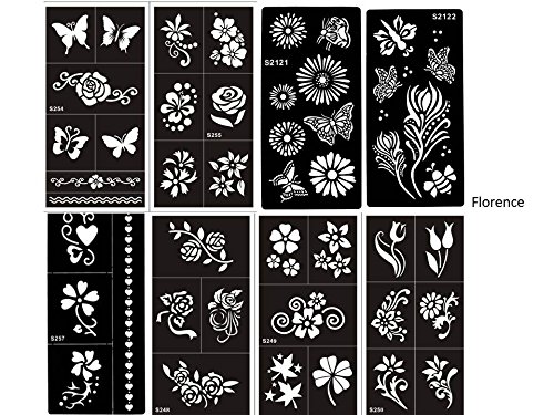 Mehandi Schablonen Vorlage Set Florence 8 Sheets Blumen und Schmetterling Designs für Henna, Glitter und Air Brush Tattoo geeignet
