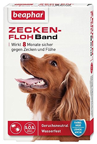 Zecken-Flohband Hund | Wirkt 8 Monate gegen Zecken und Flöhe | Ungezieferband mit SOS-Suchservice | Wasserfest | Farbe: Weiß | Länge: 60cm