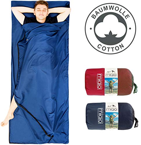 MIQIO 2in1 Baumwoll Hüttenschlafsack mit durchgängigem Reißverschluss (Koppelbar): Leichter Komfort Reiseschlafsack und XL Reisedecke in Einem - Sommer Schlafsack Innenschlafsack Inlett Inlay