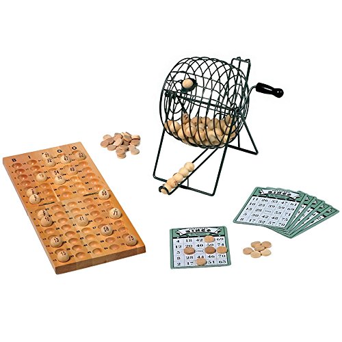 Bingospiel / Beschäftigungsspiel mit Misch- und Losmaschine aus Metall, 24 Spielkarten, 75 Kugeln und 150 Spielchips aus Holz, ab 6 Jahren