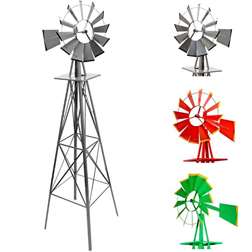 Gigantisches Windrad im US-Style aus Stahl, Höhe 245cm, Rotor 55cm, kugelgelagert, Farben silber, rot, grün