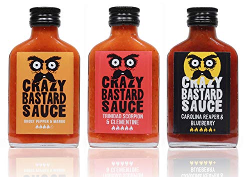 Crazy Bastard Sauce - 3er Set - Extreme Scharfe Chilisauce mit der Schärfste Chilis der Welt - Ghost Pepper, Trinidad Scorpion, und Carolina Reaper! (3 x 100ml)