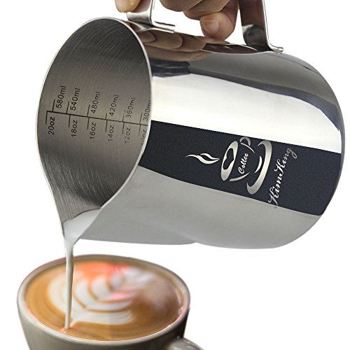 KimKing 600ml /20oz Milch Pitcher rostfreiem Edelstahl Milchkännchen perfekt für Milchaufschäumer Cappuccino Milchschaum Cafe Art Aufschäumkännchen