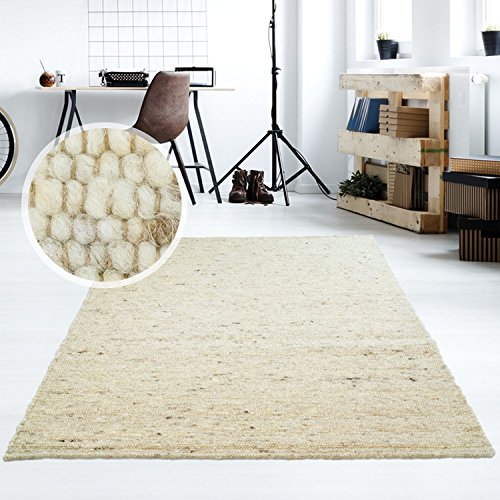 Moderner Handweb Teppich Alpina handgewebt aus Schurwolle für Wohnzimmer, Esszimmer, Schlafzimmer und die Küche geeignet (Muster, 60 Beige meliert)