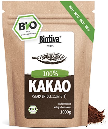 Bio Kakao Pulver (1000g) - 100% reines Kakaopulver stark entölt (11% Fett) - ohne Zucker - ohne Zusatzstoffe - hochwertigste Biotiva Qualität - Abgefüllt und kontrolliert in Deutschland (DE-ÖKO-005)