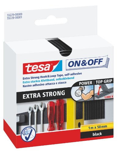 tesa On & Off Klettband Extra Stark / Selbstklebender Klettverschluss zum Fixieren und Befestigen / 1 m x 50 mm